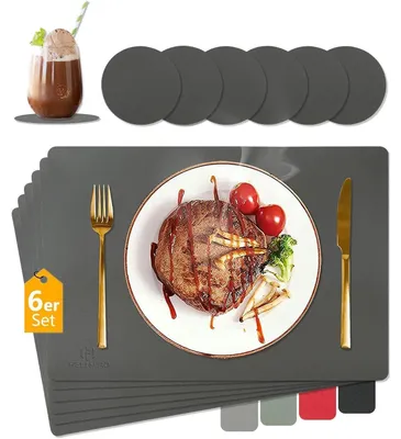 Immagine prodotto di Sottopiatti lavabili, in pelle, resistenti al calore, color grigio scuro, set da 6 pezzi con sottobicchieri