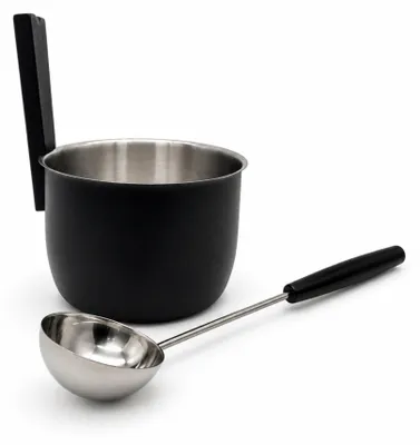 Produktbild von HAF Saunakübel Set Edelstahl Schwarz 5 Liter + Kelle | Aufgusskübel mit Buchenholzgriff | Hochwertiges Sauna Zubehör für Wellness & Entspannung