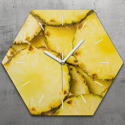 Produktbild von Uhr hexagonal 40 cm Glas Geräuschlos weiße Zeiger - Ananas saftig gelb