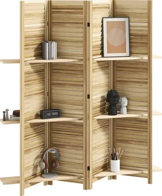 Image de HOMCOM Paravent intérieur en bois 4 panneaux 160 x 170 cm, séparateur de pièce pliable avec 3 étagères, cloison de séparation pour salon, chambre à coucher, maison, bois naturel