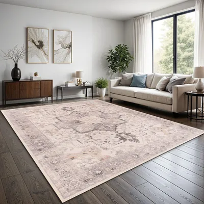 Produktbild von TT Home Boho Vintage Teppich Wohnzimmer Kurzflor – Retro Design, rutschfest & pflegeleicht, modern für Esszimmer & Flur Waschbar Größe 240x340 cm