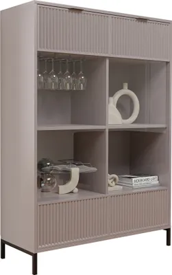 Produktbild von IDOHOME Glasvitrine groß Wave Standvitrine Vitrinenschrank mit 2 Türen Glastür Aufbewahrungsschrank Metallfüße geriffelte Fronten Farbe: Cashmere