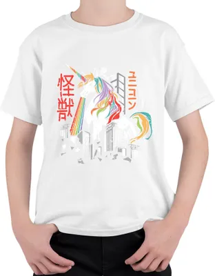 Produktbild von Einhorn Regenbogen Kaiju Monster Stadt Zerstörung ユニコーン 怪獣 Retro Uni Kinder T-Shirt, Weiß, 152