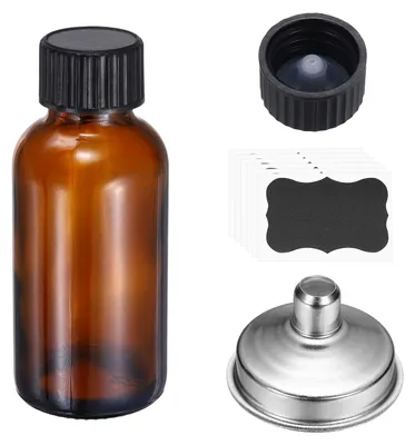 Glasflaschen 30 ml bernsteinfarben mit Deckel, Aufklebern & Trichter
