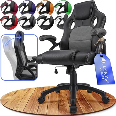 Produktbild von Juskys Racing Schreibtischstuhl Montreal (grau) - Gaming Stuhl ergonomisch, höhenverstellbar & gepolstert, bis 120 kg - Bürostuhl Drehstuhl