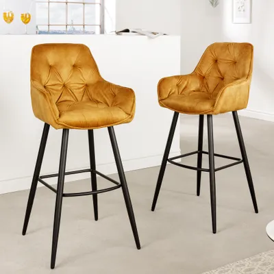 Produktbild von Design Barhocker MILANO senfgelb Samt Barstuhl mit Chesterfield Steppung