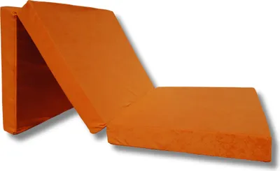 An orange folding mattress is shown unfolded on a white background.