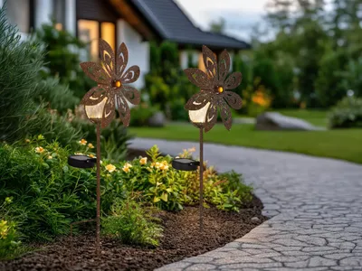 Produktbild von 2er Set Deko Solarleuchten Gartenstecker Windspiel aus Metall Rostoptik, H: 50cm