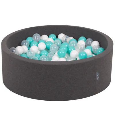 Immagine prodotto di KiddyMoon 90x30cm/300 palline ∅ 7cm Piscina secca rotonda con palline Certificata  EU, Grigio scuro: Turchese chiaro/Bianco/Trasparente