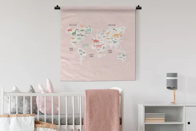 Produktbild von MuchoWow® Wandteppich Wandbehang Weltkarte - Kinder - Dinosaurier 90x90 cm Tapisserie Dekoration Wandtuch - Wandaufhänger