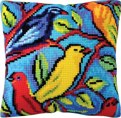 Produktbild von CDA Kreuzstichkissen Stickpackung "Vögel auf den Zweigen", bedruckt, 40x40cm