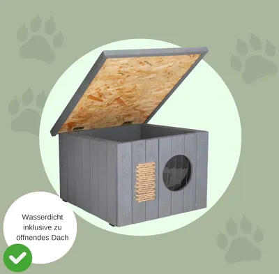 Produktbild von Muntel Katzenhaus Outdoor Winterfest, Katzenhaus Isoliert, Clawsable, Holz Outdoor, Katzenhütte 49,5 x 58 x 36 cm (Grau)