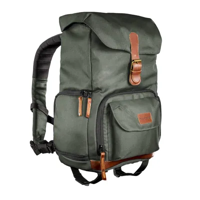 Produktbild von Mantona Luis junior Retro Fotorucksack grün mit Leder, Kamerarucksack inkl. Regenschutzhülle, Fototasche mit Laptopfach, Backpack geeignet für 1 x DSLR-Kamera, 1-Objektive und diverses Fotozubehör