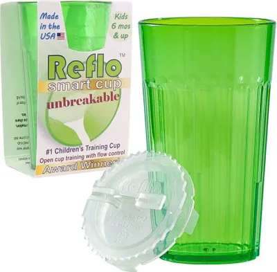 A green Reflo smart cup and its packaging are displayed against a white background.