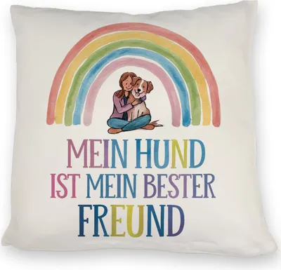 Produktbild von Hund ist bester Freund Kissen Frau umarmt Hund unter Regenbogen