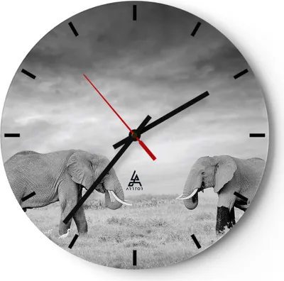 Produktbild von Wanduhr - Rund - Glasuhr - Elefanten Schwarzweiß Safari - 40x40cm - Schleichendes Uhrwerk - Lautlos - zum Aufhängen bereit - Dekoration Modern - Wanddekoration aus Glas - C3AR40x40-4186