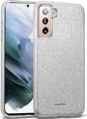 A silver glitter phone case is shown on a white background, with a Samsung Galaxy S21 phone partially visible inside the case.