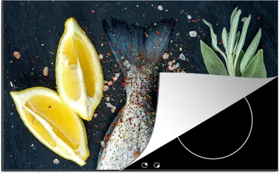 Produktbild von KitchenYeah© Herdabdeckplatte Fisch - Zitrone - Kräuter , 85x52cm, Küche Deko, Glaskeramikkochfeld Herdabdeckung, Abdeckplatte fùr Kochfeld