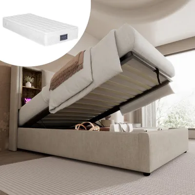 Image de Lit sans fil avec port USB-C, cadre de lit rembourré avec espace de rangement et sommier à lattes en bois, lit simple 90x200 cm (avec matelas)