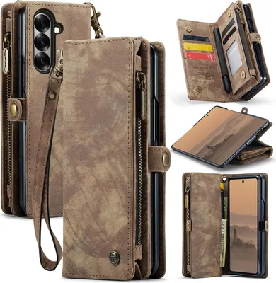 Obrázek produktu pro Pouzdro pro Samsung Galaxy Z Fold 7, Vintage Multifunkční Kožené Pouzdro s Přihrádkami na Karty a Zipem hnědá