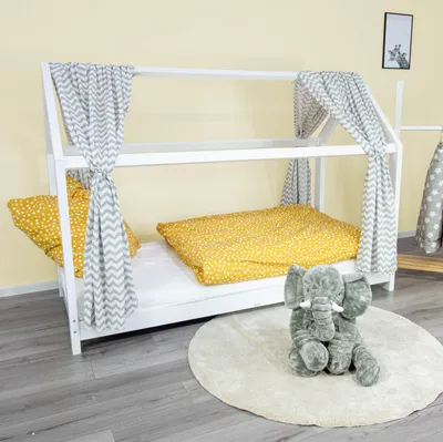 Produktbild von Puckdaddy Hausbett Vorhang Svea 146x298cm 2erSet Stoffhimmel mit Chevron Muster in Weiß