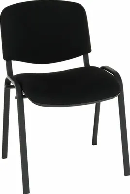 A black fabric chair with a metal frame, displayed against a white background.