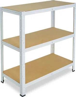 A white metal shelving unit with three wooden shelves against a white background.