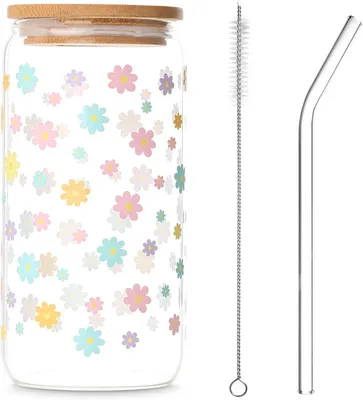 Produktbild von Trinkglas 500 ml, mit Strohhalm, Margeriten Motiv, Cocktailglas, für Party
