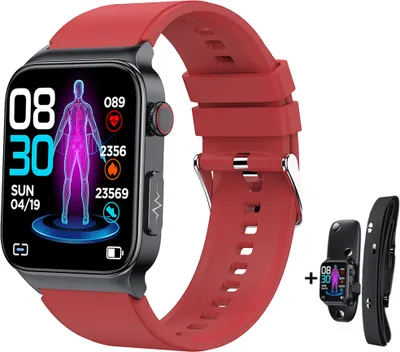 Obrázok produktu pre Inteligentné hodinky E500, komplexné monitorovanie zdravia/režim viacerých športov/vodotesnosť IP68/monitorovanie spánku, silikónový remienok + remienok s EKG, červené