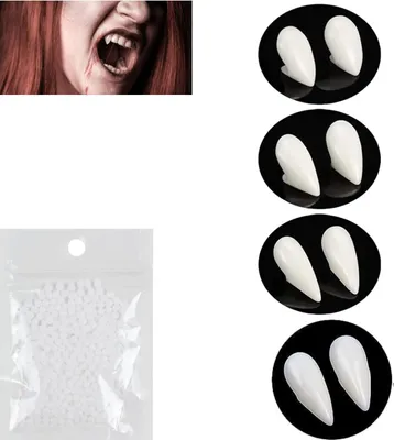 Zdjęcie produktu dla Zęby wampira - 4 pary sztucznych zębów wampira - Zęby wampira z klejem - Zęby wampira na imprezy - Kostiumy, cosplay