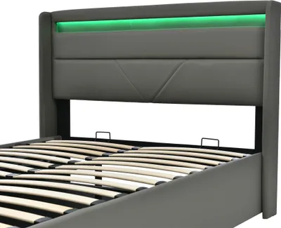 Produktbild von Flieks Polsterbett 160x200cm Stauraumbett mit LED, Doppelbett Boxspringbett mit Lattenrost und Stauraum, Funktionsbett Jugendbett, PU, Dunkelgrau