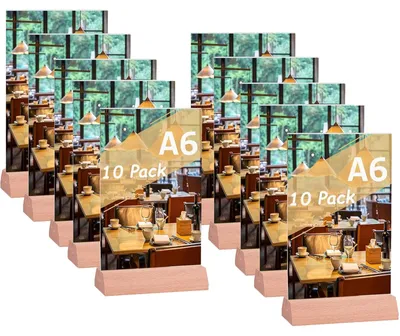 A6 Tischaufsteller aus Acryl, 10 Stück, doppelseitig, mit Holzfuß