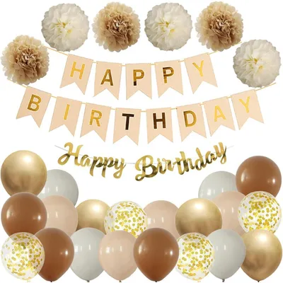 Image de Kit de décoration pour anniversaire, style bohème, couleurs kaki et beige, comprenant une guirlande, des ballons et des pompons