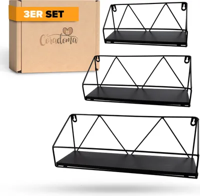 Produktbild von Wandregal 3er Set Gewürzregal Hängeregal Schwarz Metall mit Ablageflächen aus Holz, Schweberegal für Wohnzimmer Schlafzimmer Büro Küche