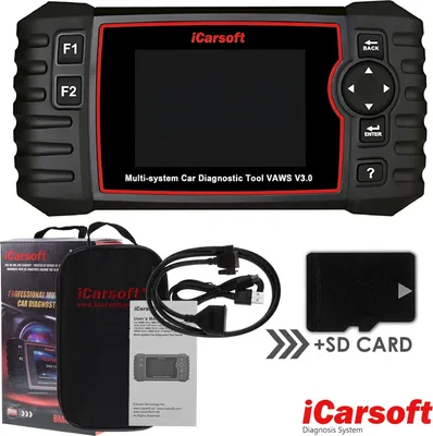 A car diagnostic tool and its accessories are displayed against a white background.