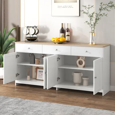 Image de OKWISH Buffet avec 3 Tiroirs et 4 Portes, Étagères Réglables pour Salon ou Salle à Manger, MDF et Panneaux de Particules - 160x37x75 cm - Blanc