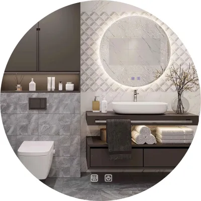 A modern bathroom with a toilet, vanity, sink, and a large illuminated mirror.