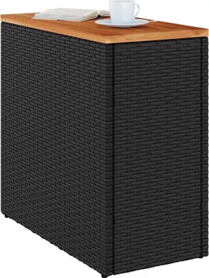 Obrázek produktu pro Zahradní odkládací stolek s dřevěnou deskou černý 58 x 27,5 x 55 cm polyratan