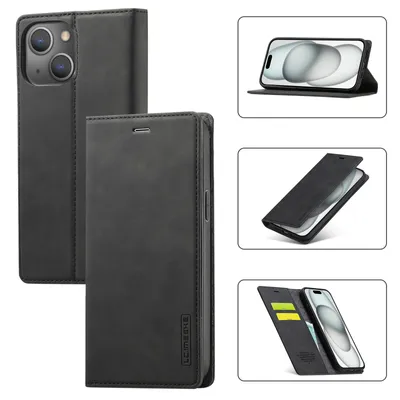 Immagine prodotto di Custodia in pelle per iPhone 15 Plus, con funzione stand e porta carte, custodia design portafoglio nero