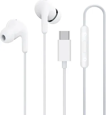 A pair of white USB-C in-ear headphones with an inline remote and microphone, displayed against a plain white background.