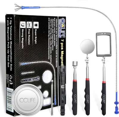 Produktbild von CCLIFE 7tlg Pick Up Tool Magnet Teleskop Werkzeug inkl. Inspektionsspiegel Krallengreifer Magnetheber mit LED Lampe Magnetstab