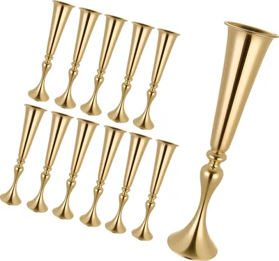 Image de SucceBuy 12 vases décoratifs pour mariage, vases métalliques de 55 cm de haut avec supports pour fleurs, forme trompette pour décoration de table lors de mariages, fêtes, anniversaires et cérémonies, dorés