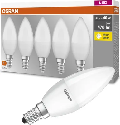 Obrázok produktu pre OSRAM LED BASE Classic B40, matné sklenené vlákno LED žiarovky pre päticu E14, tvar sviečky, teplá biela (2700K), 806 lumenov, náhrada za bežné 40W žiarovky, balenie po 5 ks