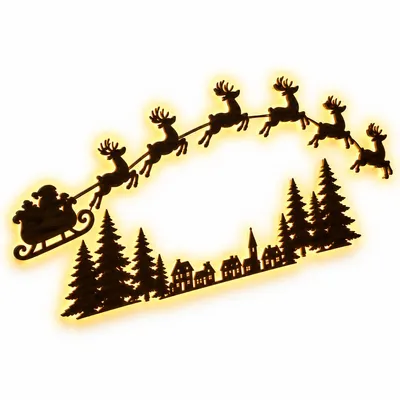 Produktbild von Weihnachtsbeleuchtung Holz Wanddeko, LED Rentier Dekoration mit Weihnachtsmann, festliche Silhouette für Wohnzimmer, Fenster & Tür
