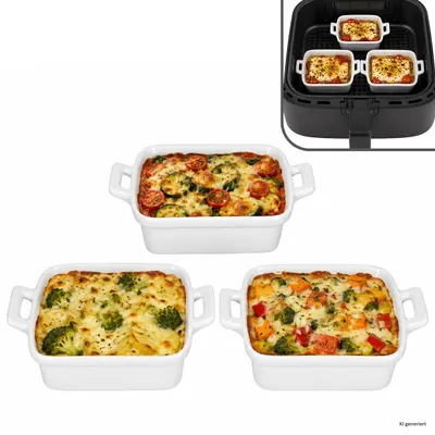 Zdjęcie produktu dla 3 sztuki mini naczynia żaroodpornego STABIL, pojemność 150 ml, kwadratowe, białe, do frytkownicy bezolejowej, piekarnika, do pieczenia