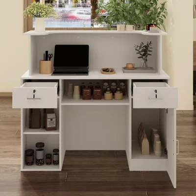 Produktbild von Empfangstheke 120x50x110cm Weiß mit 3-farbiger LED-Beleuchtung, Kassentisch mit 2 verschließbaren Schubladen, Stauraum, Büro, Nagelstudio Friseursalon