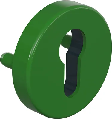 A 3D rendering of a green keyhole escutcheon with a small protruding pin on the left side.