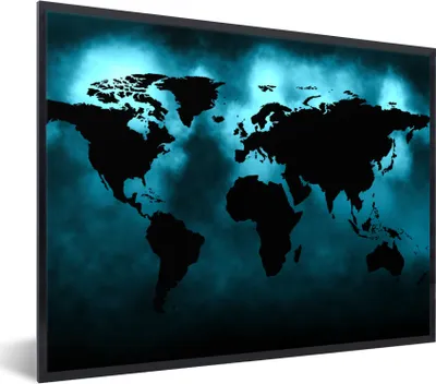Produktbild von MuchoWow® Gerahmtes Poster Weltkarte - Schwarz - Blau 80x60 cm - Poster mit Schwarzem Bilderrahmen Wandposter Rahmen Foto Bilder - Schwarzem - Mit Gestell