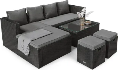 Produktbild von di volio Gartenmöbel-Set BOLOGNA, Terrassenmöbel Lounge Set aus Polyrattan - Ecksofa, Tisch & 2 Hockern, wetterfeste & langlebige Sitzgruppe