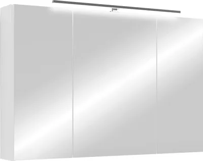 A white bathroom cabinet with mirrored doors and an LED light strip above.